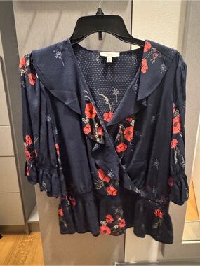 Joie Navy Floral Ruffle Wrap Blouse with Red Poppies